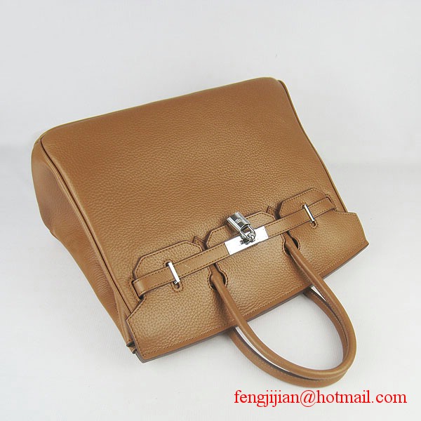 Hermes 35cm Embossed Veins Leather Bag Light Coffee 6089 Silver Hardware